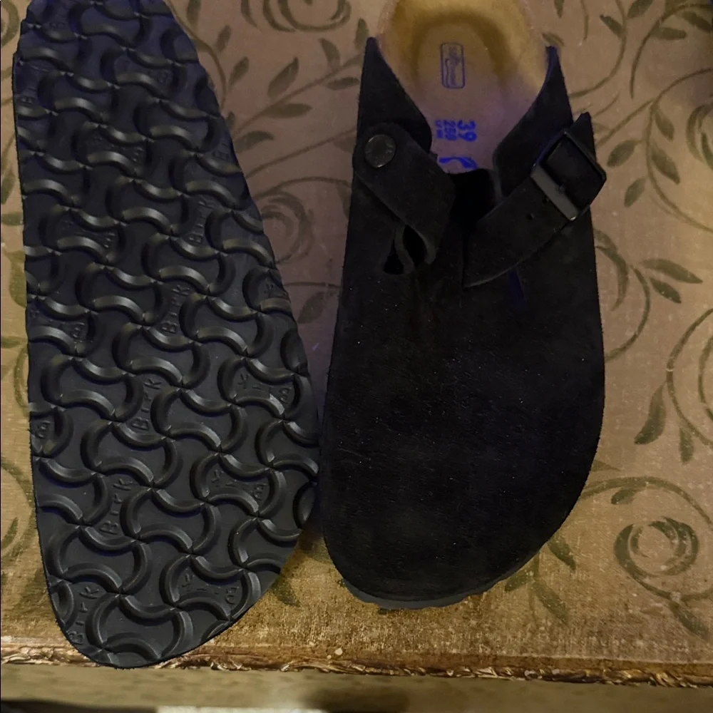 Women's Birkenstock Boston Black Suede Slip-On Clogs - Picture 3 of 4